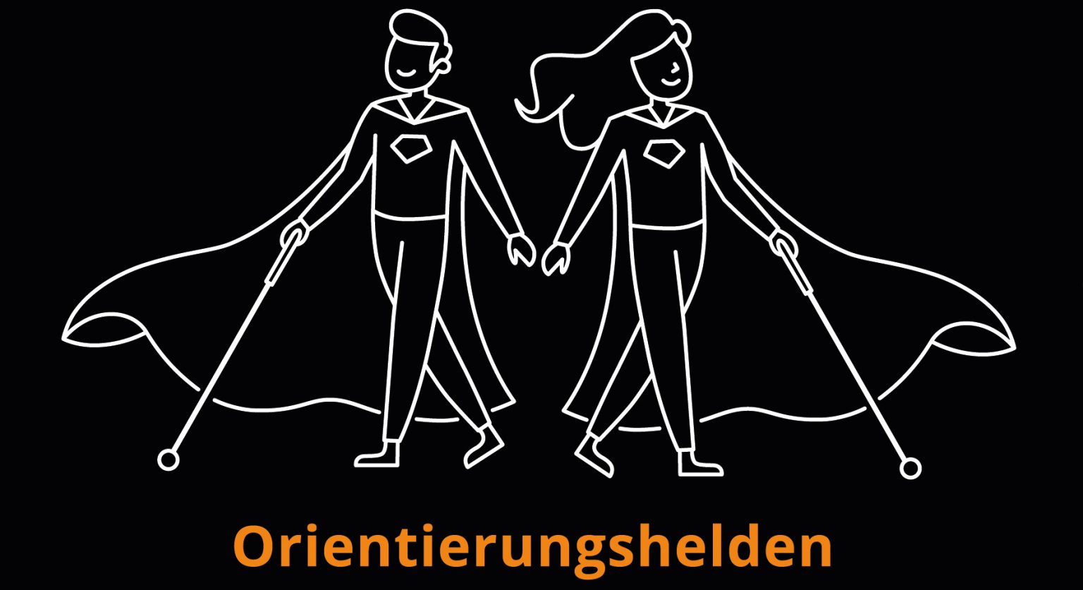 Firmenlogo: Zwei stilisierte Superhelden mit Blindenstöcken und Umhängen symbolisieren Orientierung und Mobilität bei Blindheit und Sehbehinderung. Darunter steht das Wort ‚Orientierungshelden‘.